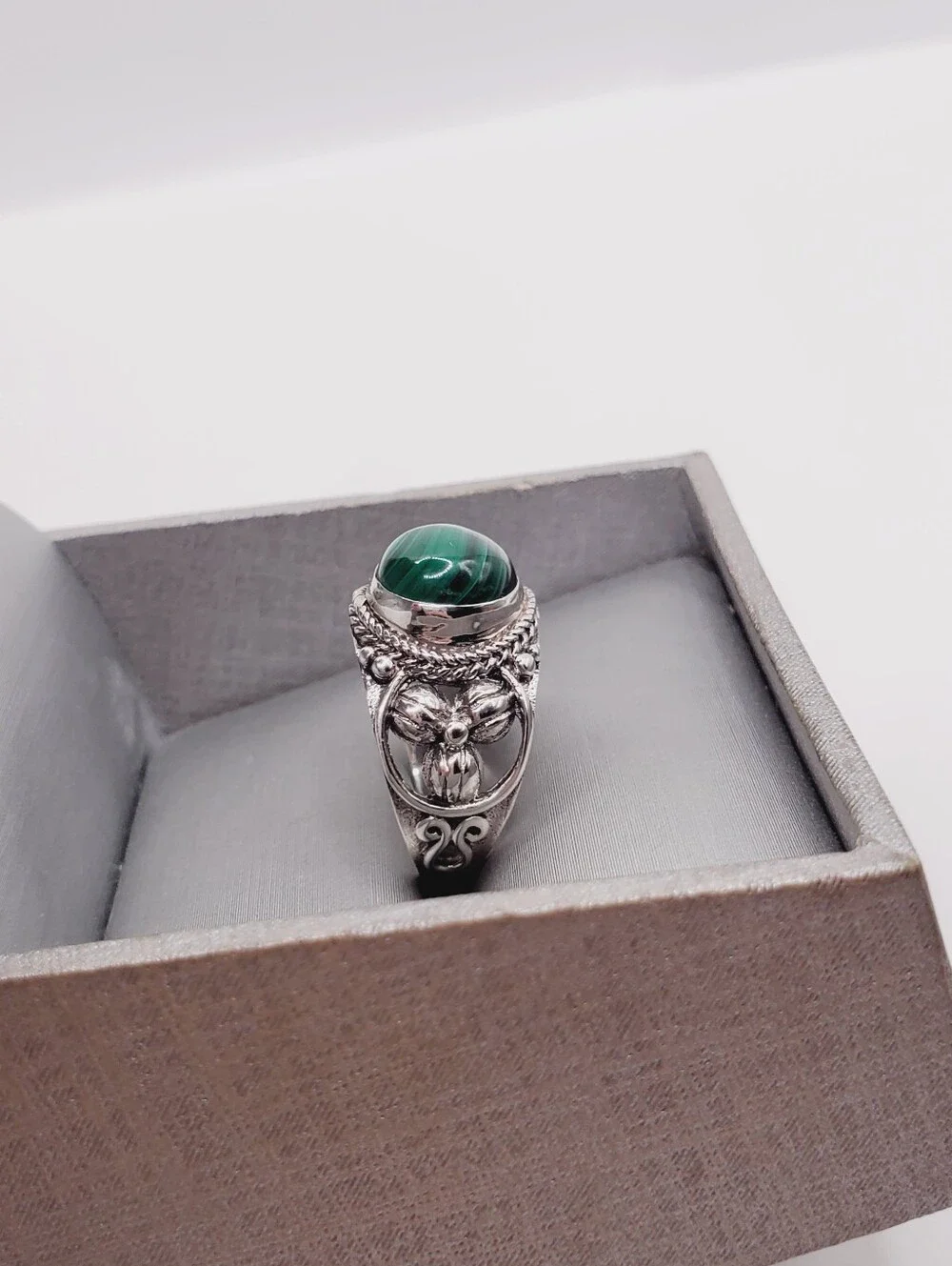 3.5 Carat Green African Malachite 925 Sterling Silver Statement Artisan Ring